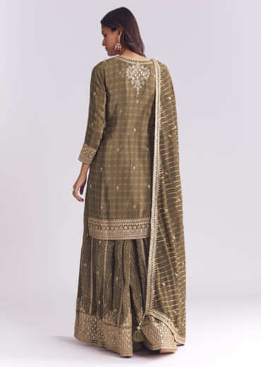 Olive Crepe Bandhani Palazzo Suit With Zari And Sequins Work