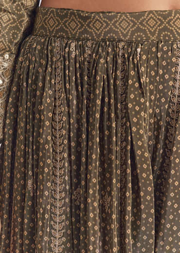 Olive Crepe Bandhani Palazzo Suit With Zari And Sequins Work