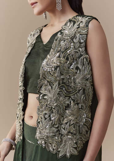 Olive Crop Top Silk Skirt Set with Sequin Jacket