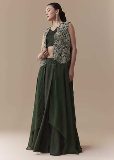 Olive Crop Top Silk Skirt Set with Sequin Jacket