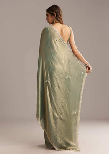 Olive Green Chinon Saree With Velvet Touch And Sequin Work