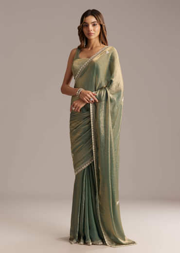 Olive Green Chinon Saree With Velvet Touch And Sequin Work