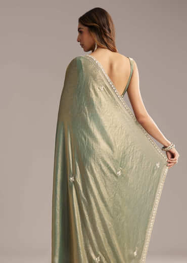 Olive Green Chinon Saree With Velvet Touch And Sequin Work