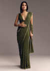 Olive Green Embroidered Chinon Saree With Scallop Border