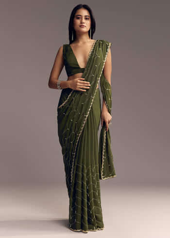 Olive Green Embroidered Chinon Saree With Scallop Border