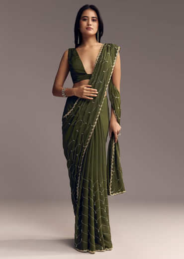 Olive Green Embroidered Chinon Saree With Scallop Border