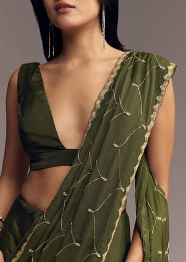 Olive Green Embroidered Chinon Saree With Scallop Border