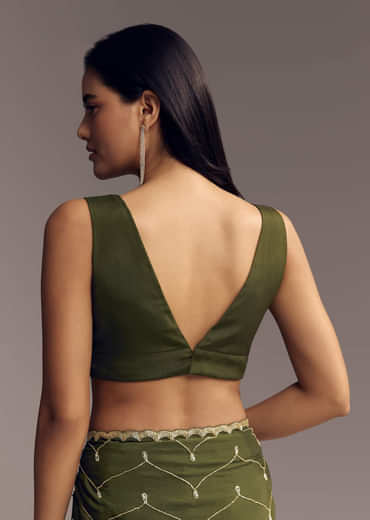 Olive Green Embroidered Chinon Saree With Scallop Border