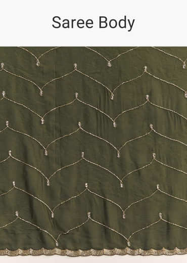 Olive Green Embroidered Chinon Saree With Scallop Border