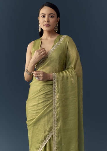 Olive Green Jacquard Printed Tissue Saree with Unstitched Blouse
