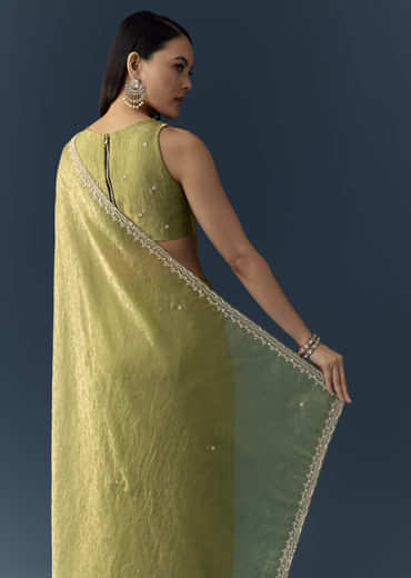 Olive Green Jacquard Printed Tissue Saree with Unstitched Blouse