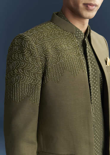 Olive Green Jodhpuri Suit For Men With Resham And Beads Embroidery
