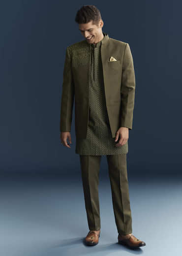 Olive Green Jodhpuri Suit For Men With Resham And Beads Embroidery