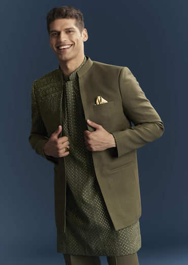 Olive Green Jodhpuri Suit For Men With Resham And Beads Embroidery