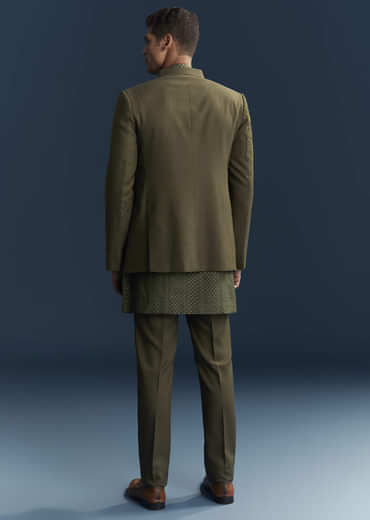 Olive Green Jodhpuri Suit For Men With Resham And Beads Embroidery