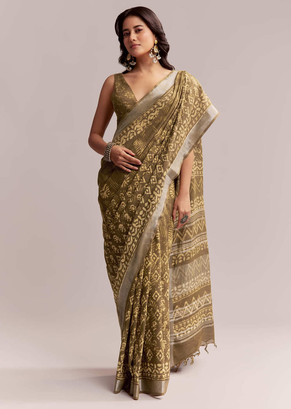 Olive Green Linen Printed Saree With Heritage Ajrakh Geometric Print