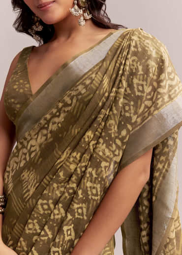 Olive Green Linen Printed Saree With Heritage Ajrakh Geometric Print