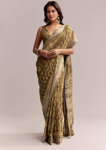 Olive Green Linen Printed Saree With Heritage Ajrakh Geometric Print