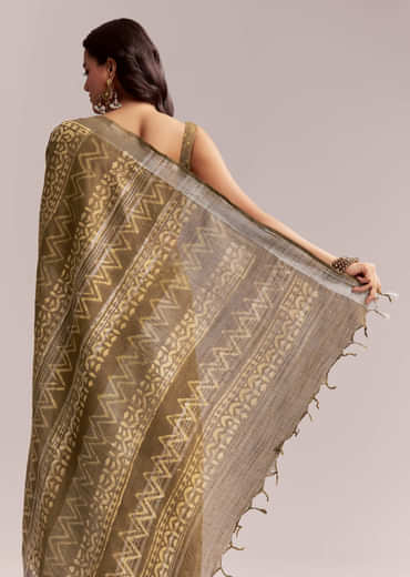 Olive Green Linen Printed Saree With Heritage Ajrakh Geometric Print