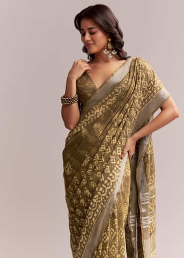 Olive Green Linen Printed Saree With Heritage Ajrakh Geometric Print