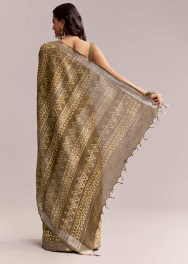 Olive Green Linen Printed Saree With Heritage Ajrakh Geometric Print