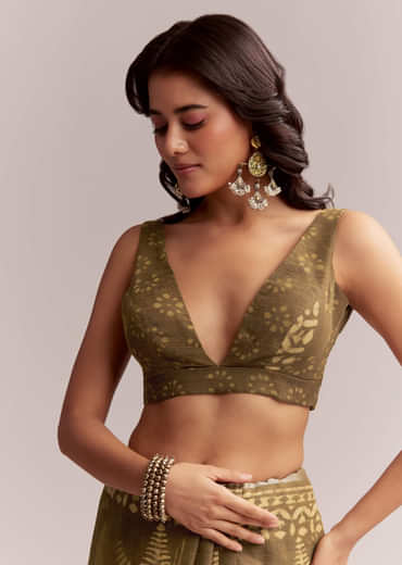 Olive Green Linen Printed Saree With Heritage Ajrakh Geometric Print