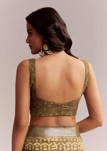 Olive Green Linen Printed Saree With Heritage Ajrakh Geometric Print