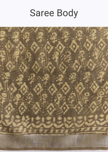 Olive Green Linen Printed Saree With Heritage Ajrakh Geometric Print