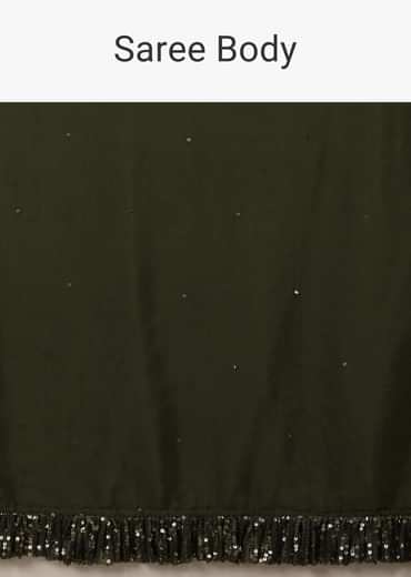 Olive Green Saree In Crepe With Sequins Ruffle On The Border, Sequins Blouse With Front Cut Out And Embellished Belt