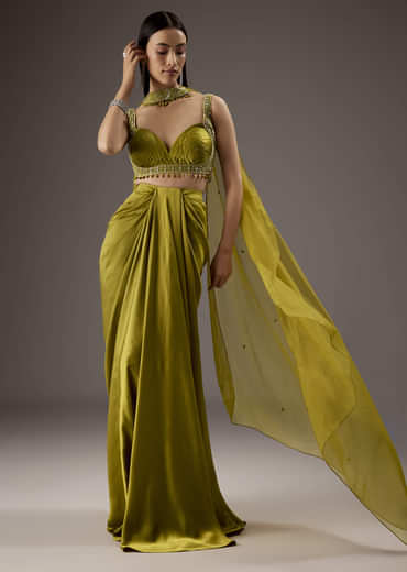 Olive Green Satin Crop Top Skirt With Heavy Embroidery