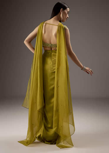 Olive Green Satin Crop Top Skirt With Heavy Embroidery