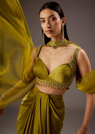 Olive Green Satin Crop Top Skirt With Heavy Embroidery