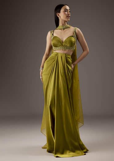 Olive Green Satin Crop Top Skirt With Heavy Embroidery