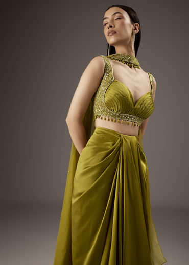 Olive Green Satin Crop Top Skirt With Heavy Embroidery