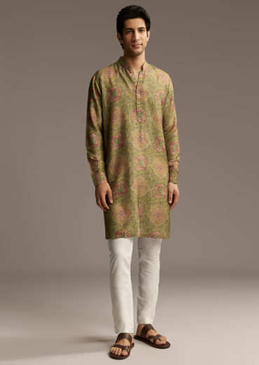 Olive Green Silk Designer Kurta For Men With Vintage Floral Motif Print