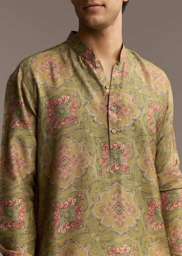 Olive Green Silk Designer Kurta For Men With Vintage Floral Motif Print