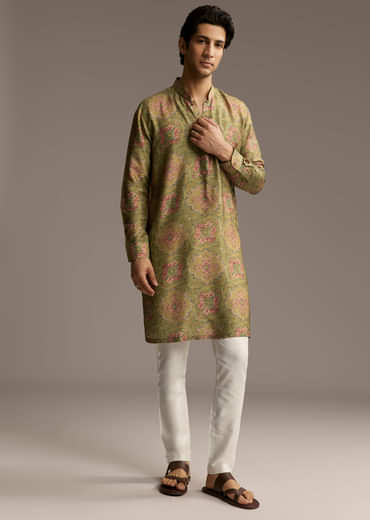 Olive Green Silk Designer Kurta For Men With Vintage Floral Motif Print