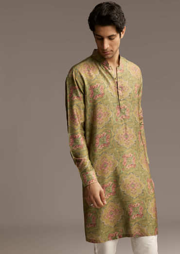 Olive Green Silk Designer Kurta For Men With Vintage Floral Motif Print