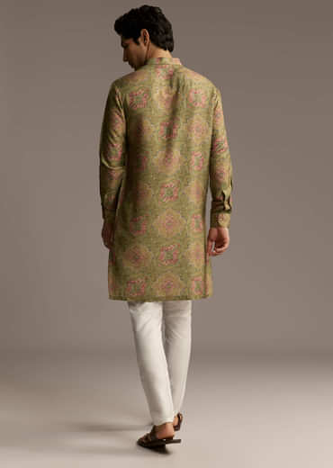 Olive Green Silk Designer Kurta For Men With Vintage Floral Motif Print