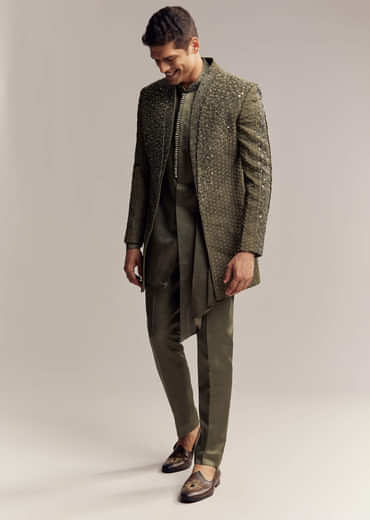 Olive Green Silk Indo Western For Men With Heavy Embroidery