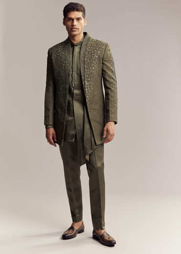 Olive Green Silk Indo Western For Men With Heavy Embroidery