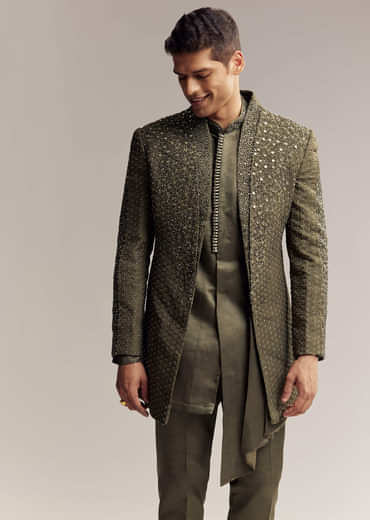 Olive Green Silk Indo Western For Men With Heavy Embroidery