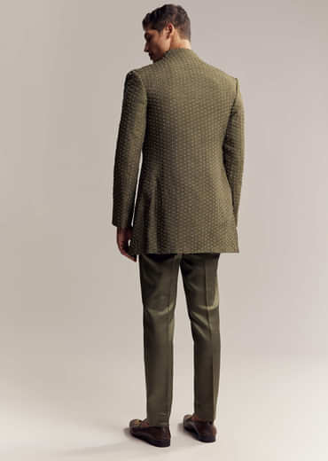 Olive Green Silk Indo Western For Men With Heavy Embroidery