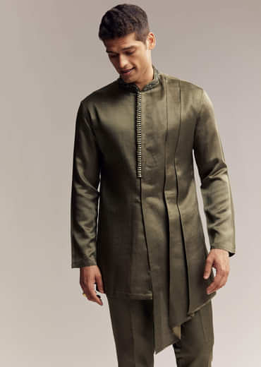 Olive Green Silk Indo Western For Men With Heavy Embroidery