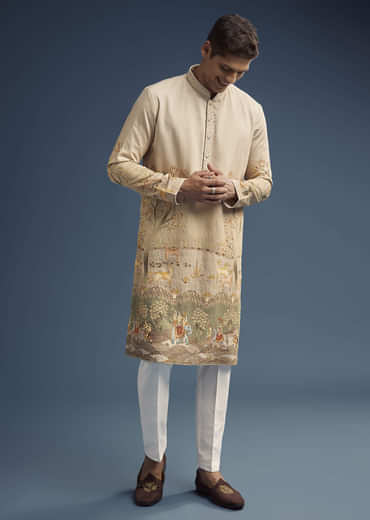 Olive Green Silk Kurta Set For Men With Digital Print