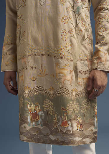 Olive Green Silk Kurta Set For Men With Digital Print
