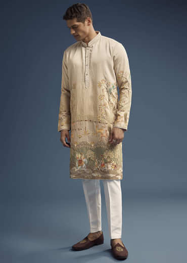 Olive Green Silk Kurta Set For Men With Digital Print