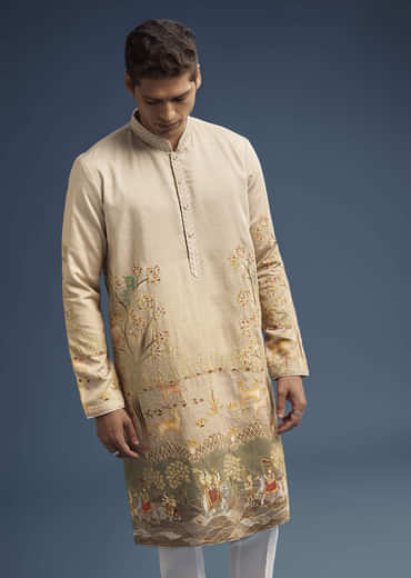 Olive Green Silk Kurta Set For Men With Digital Print