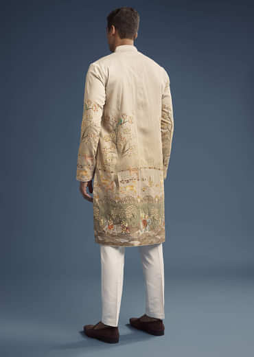 Olive Green Silk Kurta Set For Men With Digital Print