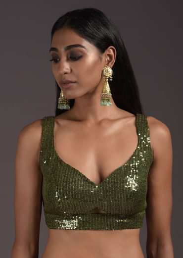 Olive Green Sleeveless Blouse Embellished In Sequins With Cut Outs In The Front And Back